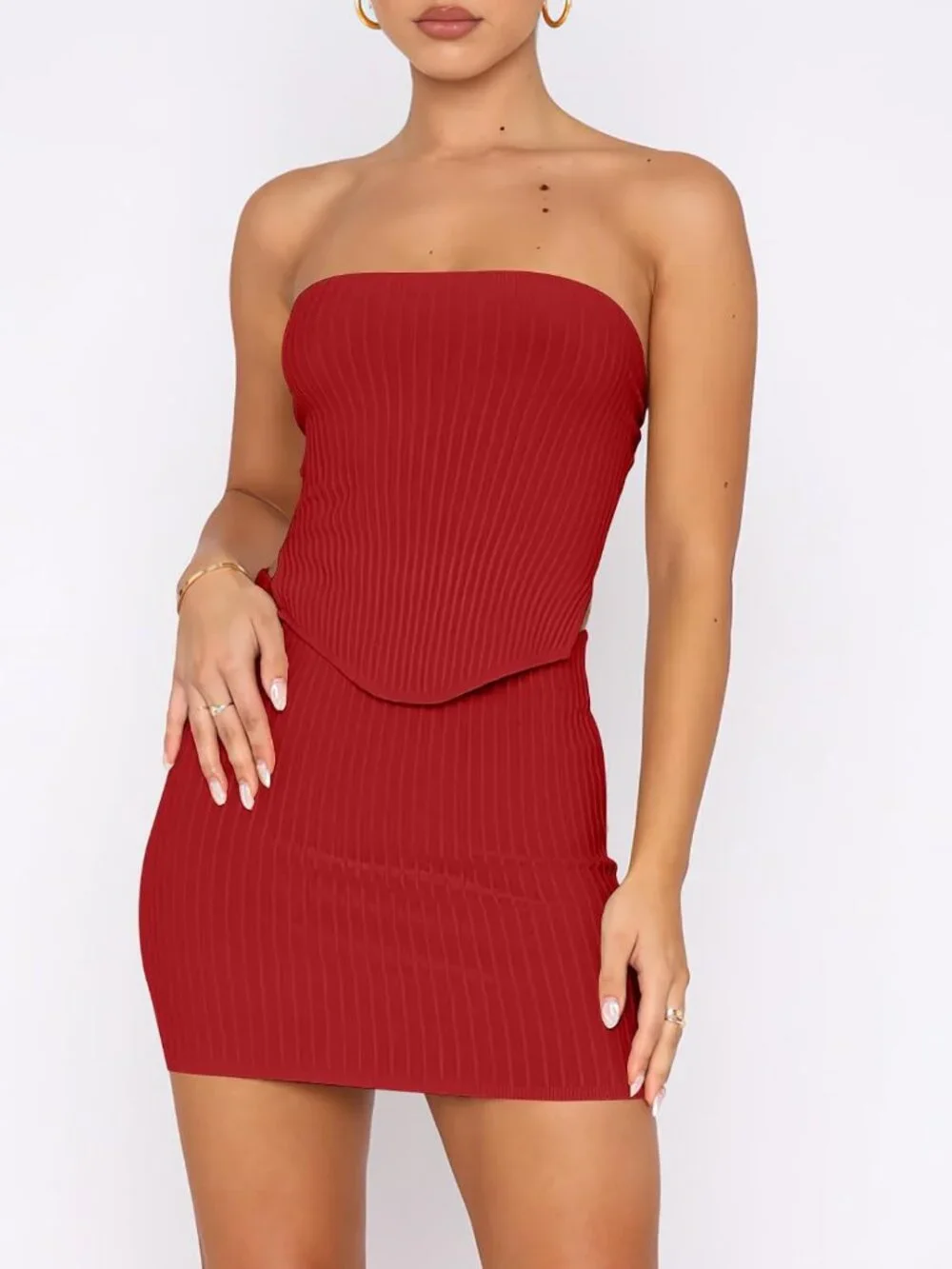 Women's Red Viscose Strapless Crop Top With Skirt Mini Club Bodycon Dress